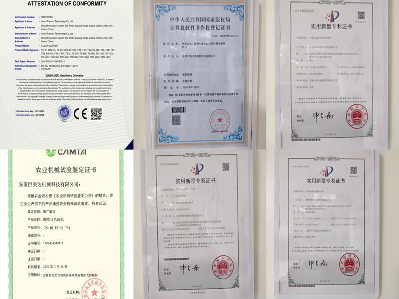 Topsort Color Sorting Machine CE and Patent Certificates